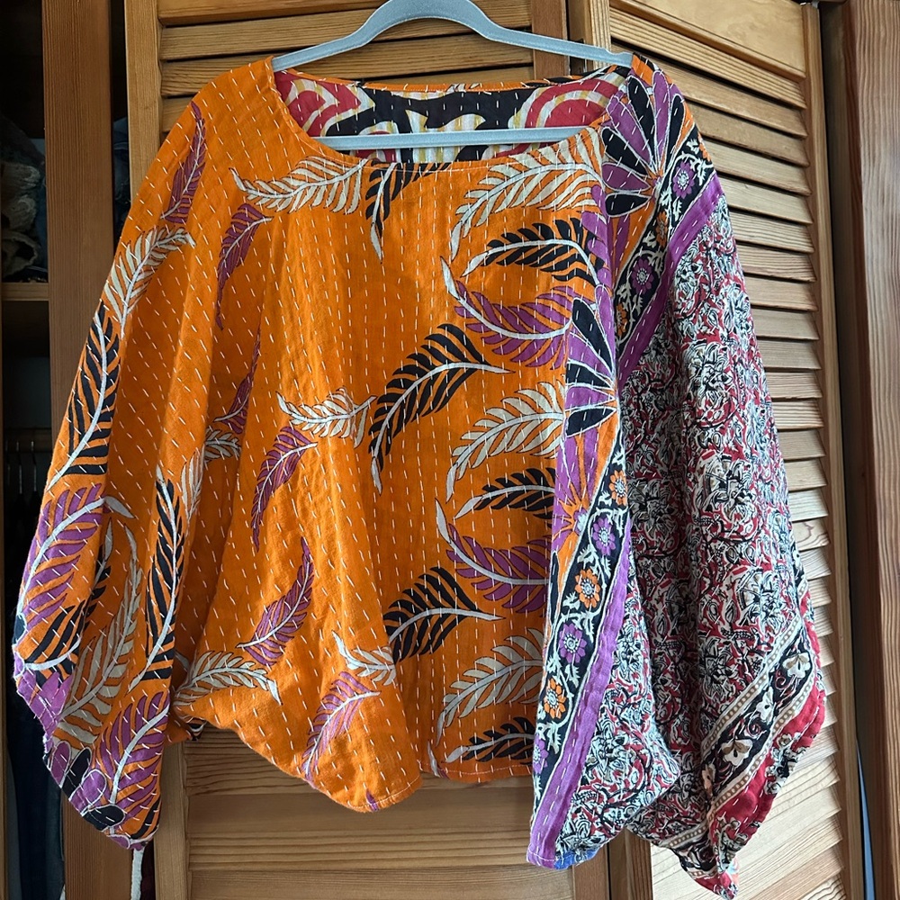Women's Kantha Orange Mixed-Print Boho Tunic Top